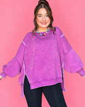 Load image into Gallery viewer, acid wash batwing hi-low fleece pullover, light plum