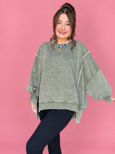 Load image into Gallery viewer, acid wash batwing hi-low fleece pullover, light olive