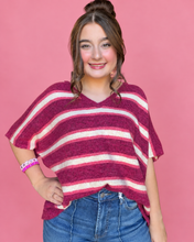 Load image into Gallery viewer, striped v-neck boxy knit sweater, mulberry