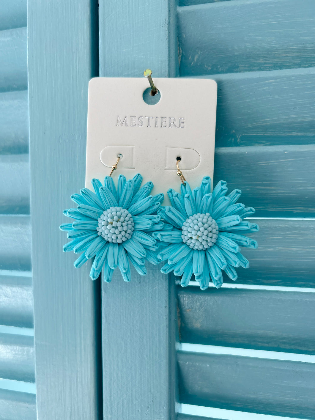 raffia flower earrings, turquoise