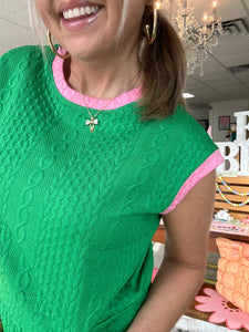 cable knit shorts set, green + pink