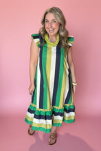Load image into Gallery viewer, green multi stripe flutter sleeve midi dress