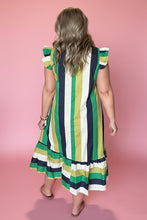 Load image into Gallery viewer, green multi stripe flutter sleeve midi dress
