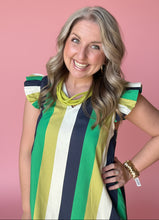 Load image into Gallery viewer, green multi stripe flutter sleeve midi dress