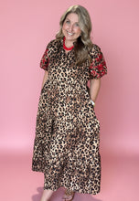 Load image into Gallery viewer, leopard embroidered puff sleeve midi dress