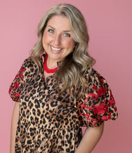 Load image into Gallery viewer, leopard embroidered puff sleeve midi dress