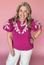 Load image into Gallery viewer, leaf embroidered puff sleeve blouse, magenta