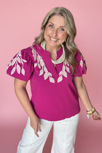 Load image into Gallery viewer, leaf embroidered puff sleeve blouse, magenta