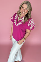 Load image into Gallery viewer, leaf embroidered puff sleeve blouse, magenta
