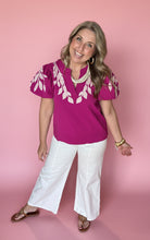 Load image into Gallery viewer, leaf embroidered puff sleeve blouse, magenta