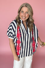 Load image into Gallery viewer, navy stripe stand-collar floral embroidered blouse