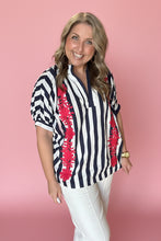 Load image into Gallery viewer, navy stripe stand-collar floral embroidered blouse