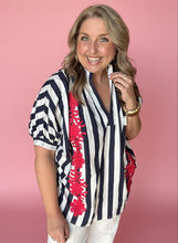 Load image into Gallery viewer, navy stripe stand-collar floral embroidered blouse