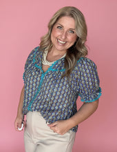 Load image into Gallery viewer, teal floral ric-rac trim blouse