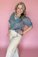 Load image into Gallery viewer, teal floral ric-rac trim blouse
