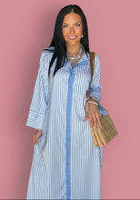 Load image into Gallery viewer, meadow stripe button-down maxi, soft blue