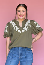 Load image into Gallery viewer, leaf embroidered puff sleeve, olive