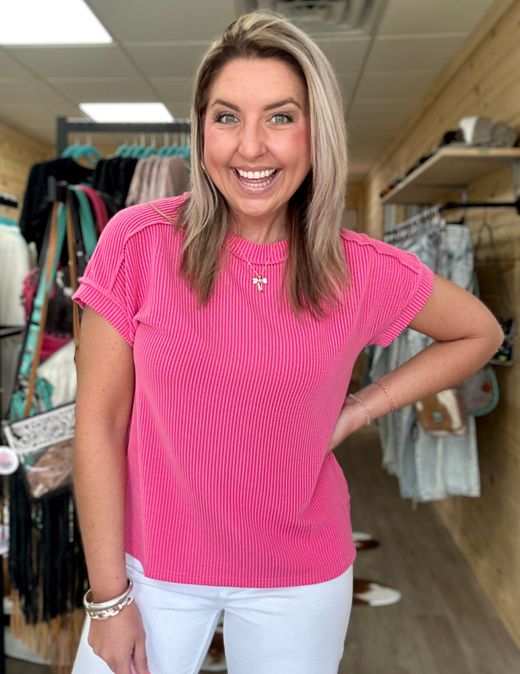 round neck ribbed top, pink