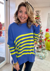 blue + yellow striped sweater