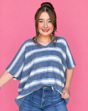 Load image into Gallery viewer, striped v-neck boxy knit sweater, dusty denim