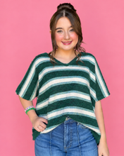 Load image into Gallery viewer, striped v-neck boxy knit sweater, forest green