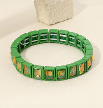 Load image into Gallery viewer, glam factor rectangular crystal stretch bracelet, emerald glow