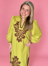 Load image into Gallery viewer, the rosalie floral applique midi dress, chartreuse
