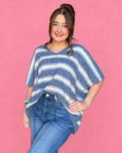Load image into Gallery viewer, striped v-neck boxy knit sweater, dusty denim
