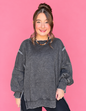 Load image into Gallery viewer, acid wash batwing hi-low fleece pullover, black
