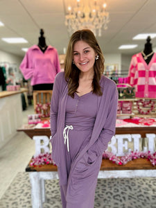 soft landing romper + cardigan set, purple