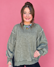Load image into Gallery viewer, acid wash batwing hi-low fleece pullover, light olive
