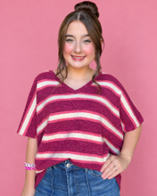 Load image into Gallery viewer, striped v-neck boxy knit sweater, mulberry
