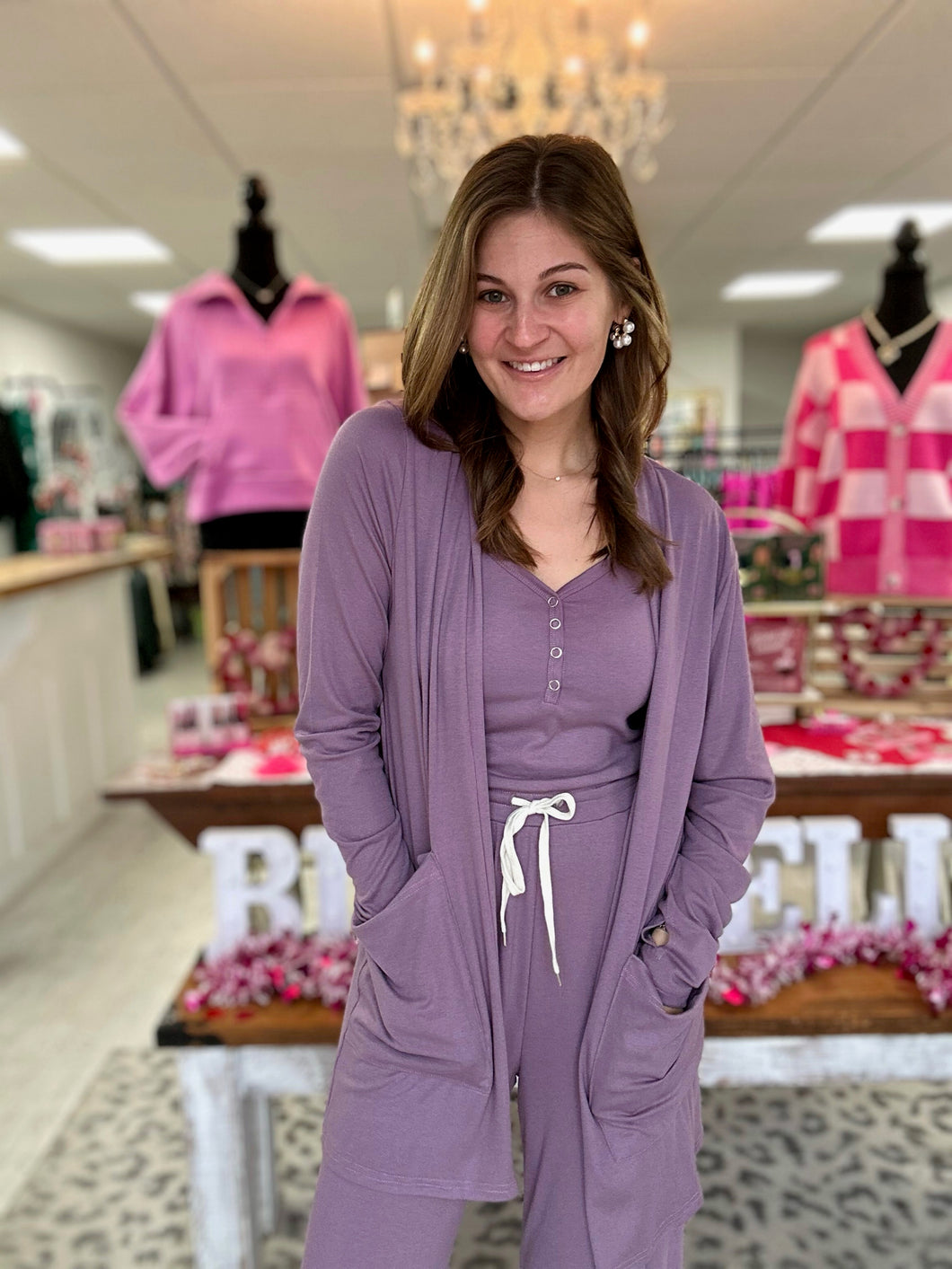 soft landing romper + cardigan set, purple