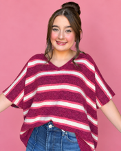 Load image into Gallery viewer, striped v-neck boxy knit sweater, mulberry
