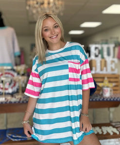 striped pocket tee, pink + blue