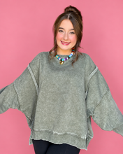 Load image into Gallery viewer, acid wash batwing hi-low fleece pullover, light olive

