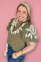 Load image into Gallery viewer, leaf embroidered puff sleeve, olive
