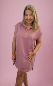 textured quarter zip dress, light rose