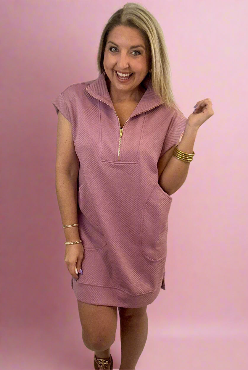 textured quarter zip dress, light rose