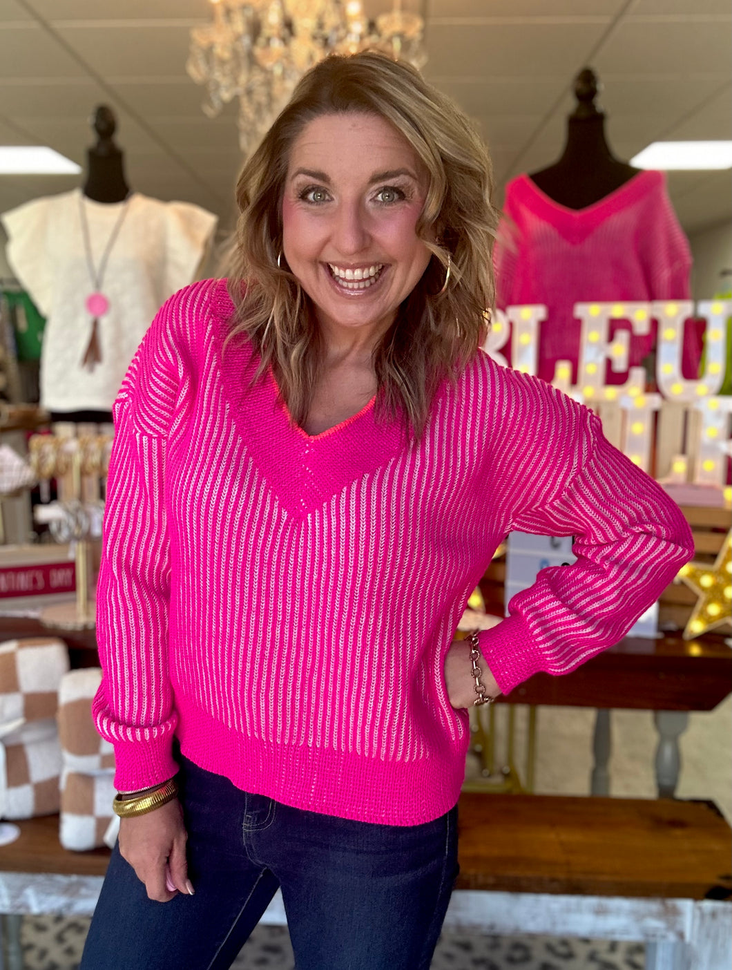 two-tone sweater, hot pink