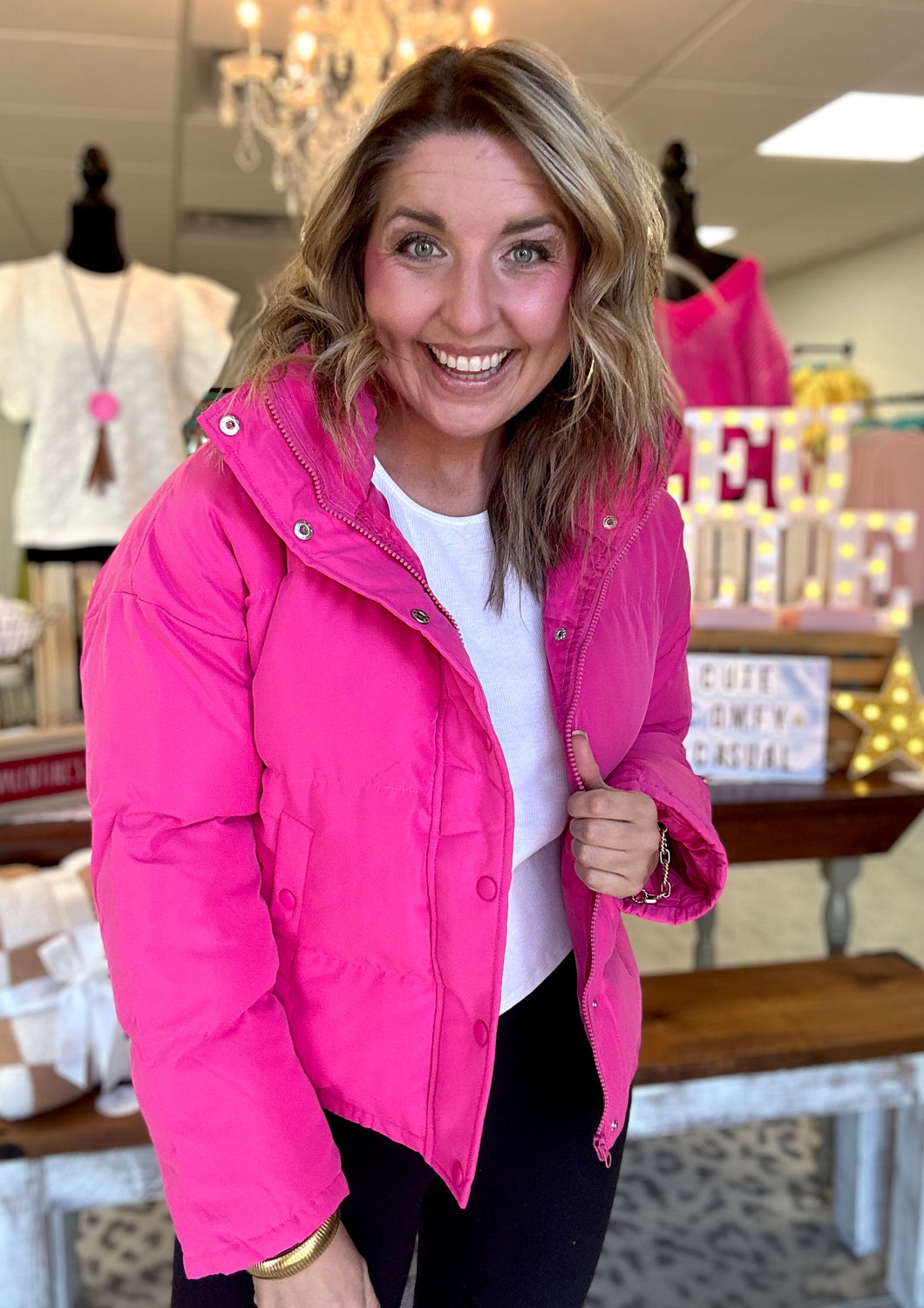 wintry days puffer jacket, hot pink