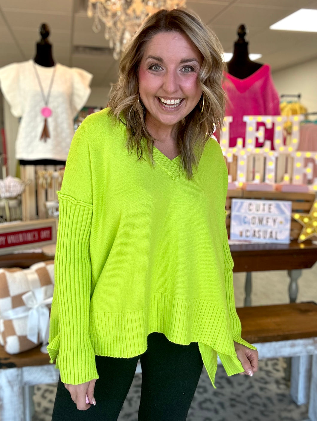 slouchy side-slit sweater, lime