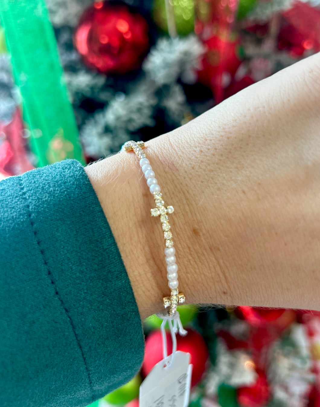 pearl + crystal cross bangle