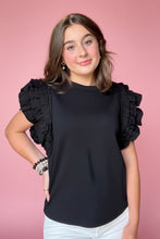 Load image into Gallery viewer, black ruffle sleeve mixed media top
