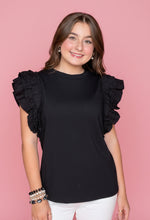 Load image into Gallery viewer, black ruffle sleeve mixed media top
