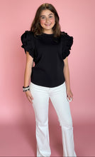 Load image into Gallery viewer, black ruffle sleeve mixed media top
