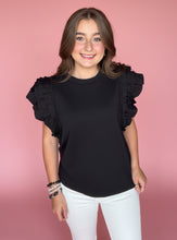 Load image into Gallery viewer, black ruffle sleeve mixed media top
