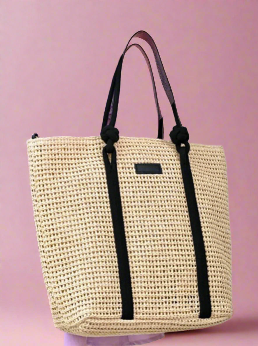 straw tote, natural + black