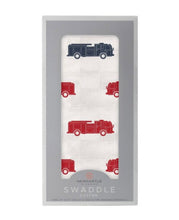 Load image into Gallery viewer, blue and red fire trucks swaddle
