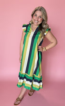 Load image into Gallery viewer, green multi stripe flutter sleeve midi dress
